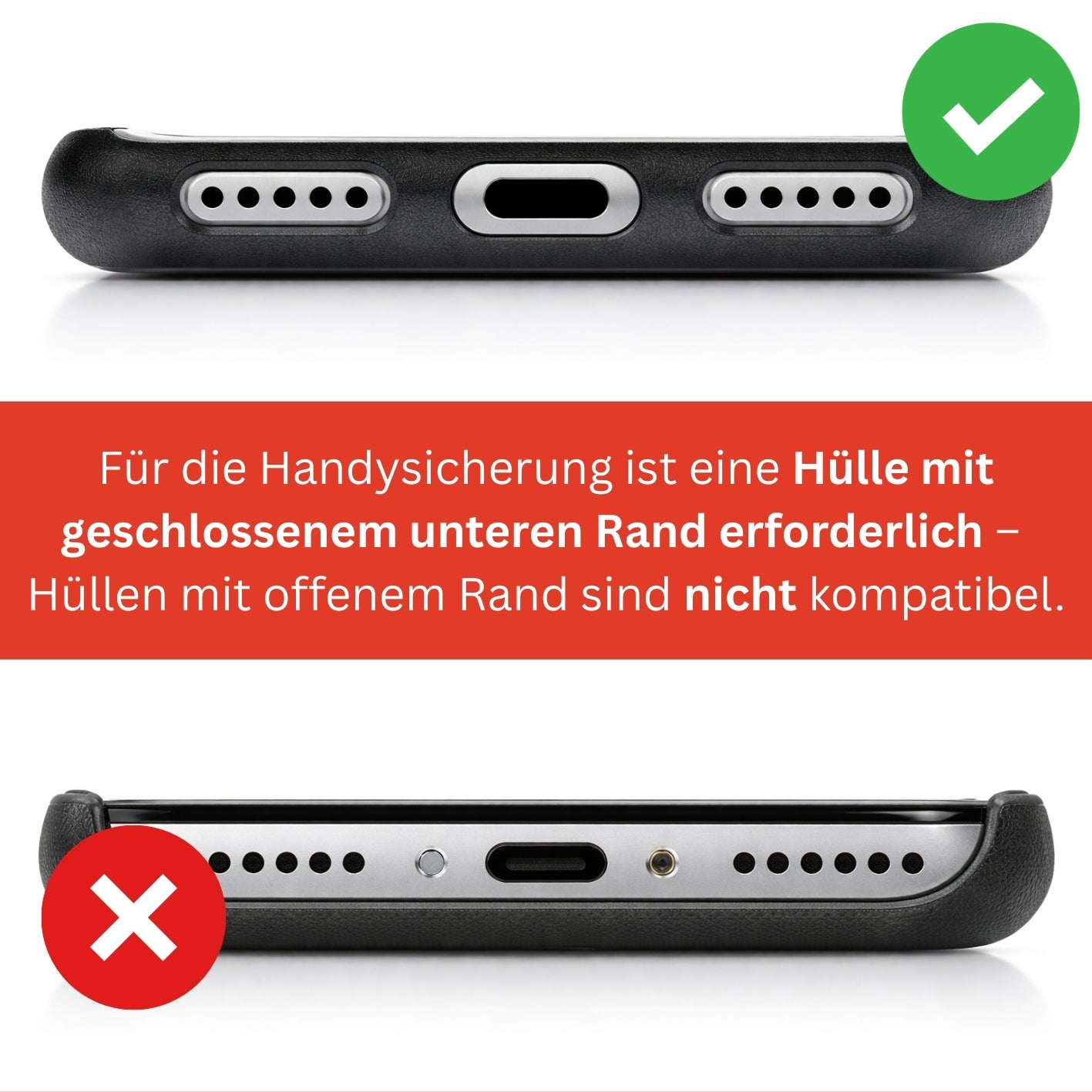 Vergleichsgrafik: Zwei Handyhüllen-Unterseiten; Hinweis, dass eine Hülle mit geschlossenem unteren Rand erforderlich ist; grünes Häkchen oben, rotes X unten.
