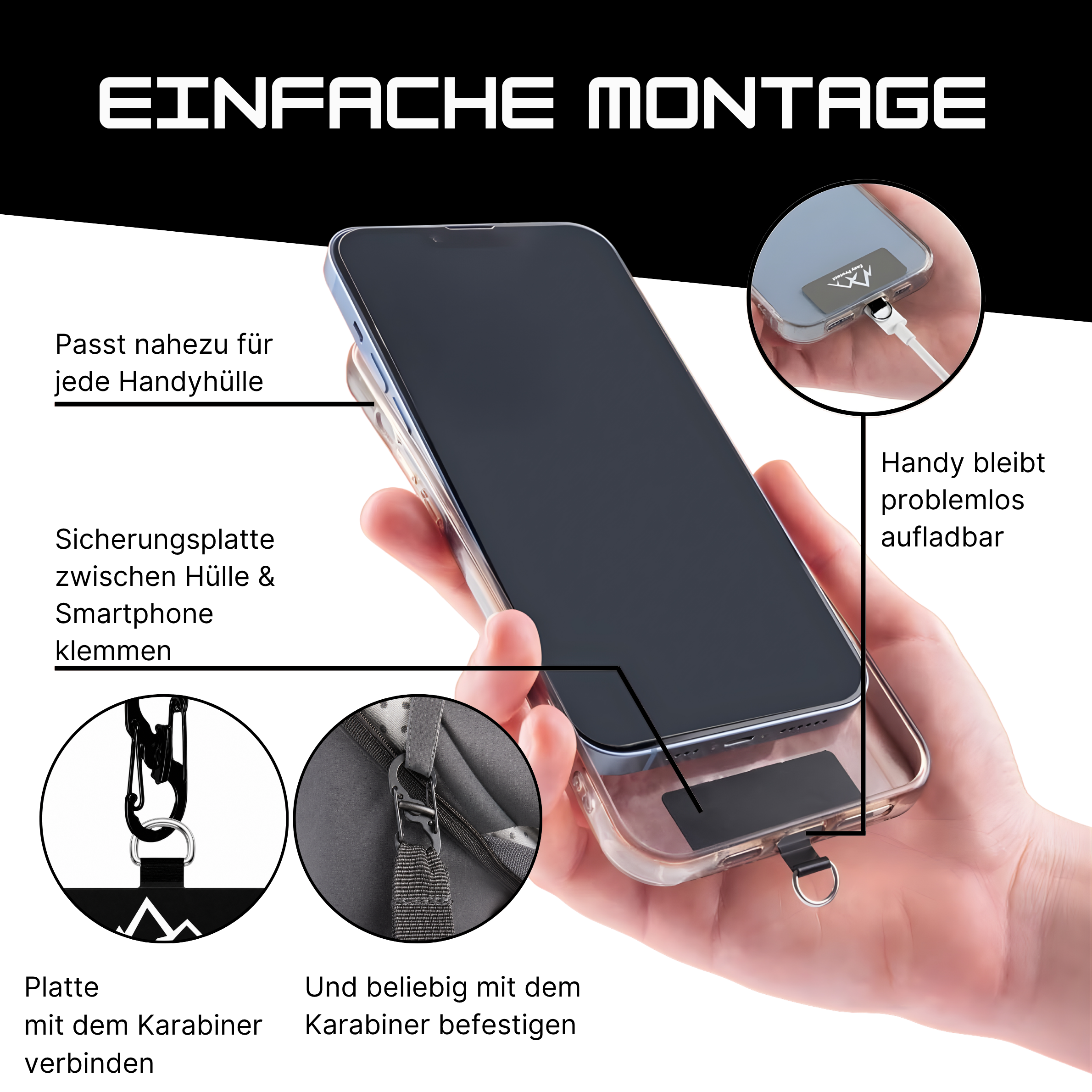 Easy Protect Handysicherung mit einfacher Installation zwischen Handy und Hülle, kompatibel mit fast allen Smartphone Hüllen