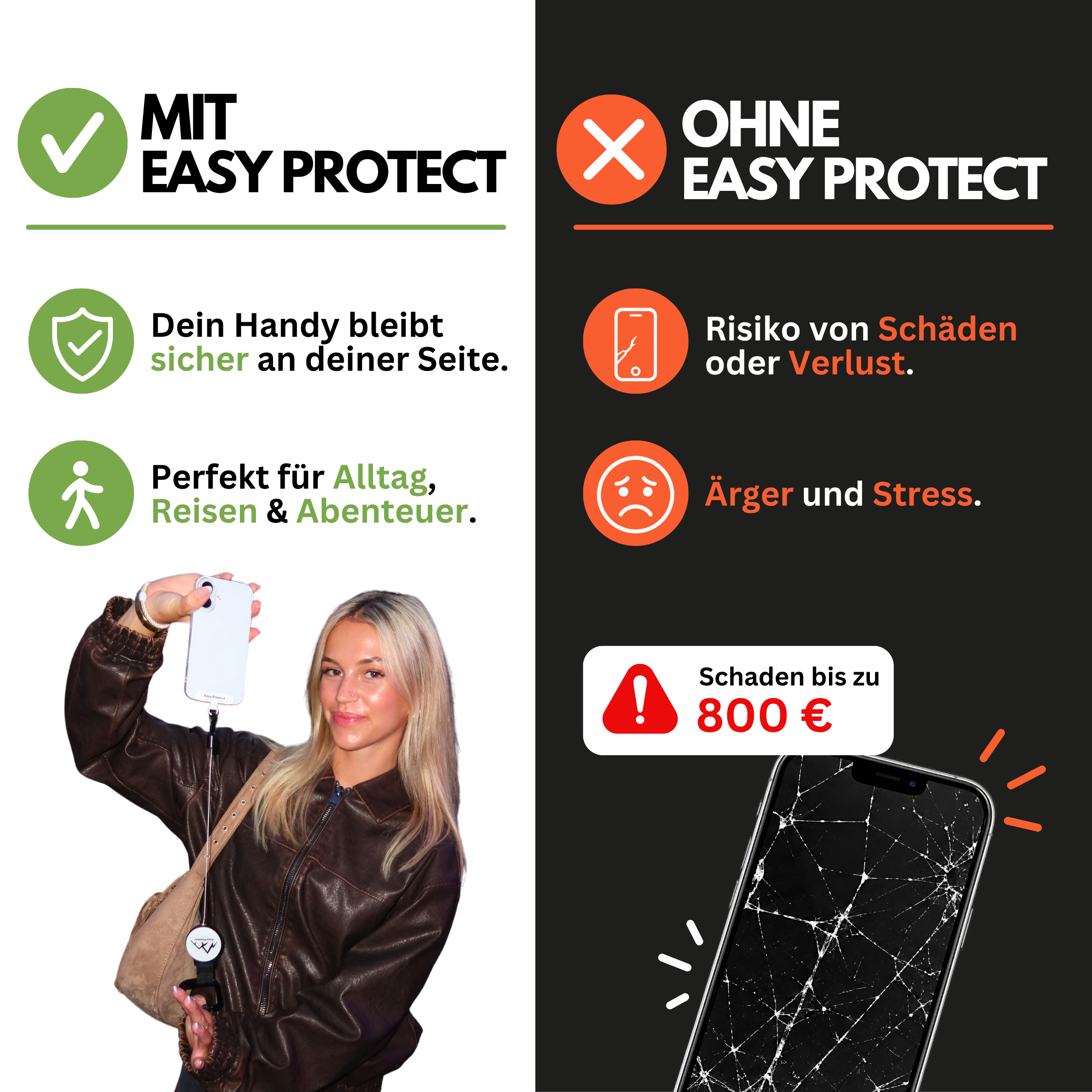 Vergleich mit und ohne Easy Protect: Eine Frau hält ihr gesichertes Smartphone, daneben zeigt ein beschädigtes Handy das Risiko von Sturz, Schaden und Verlust.