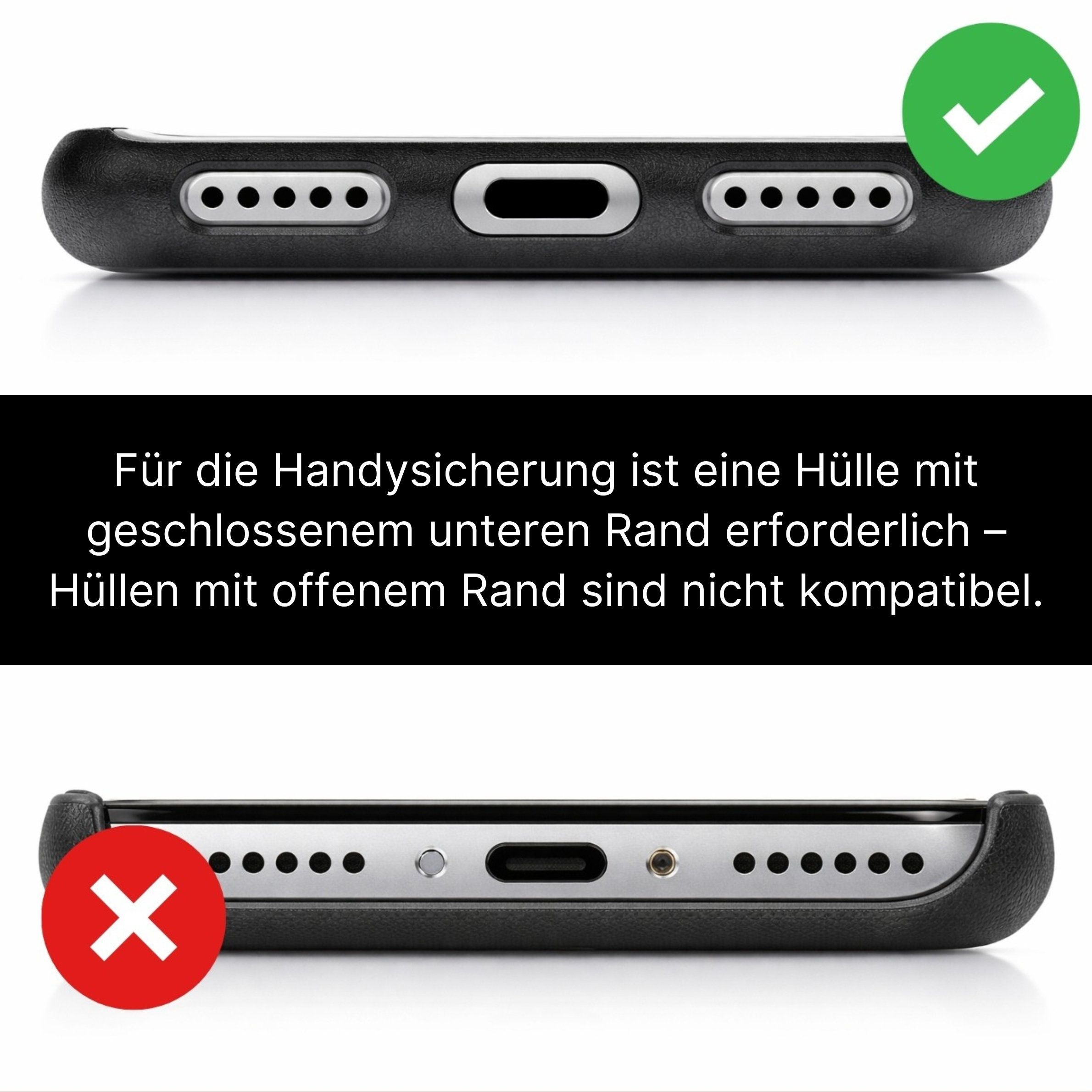 Easy Protect Smartphonesicherung kompatibel mit Handyhüllen mit geschlossenem unteren Rand, nicht geeignet für offene Hüllen