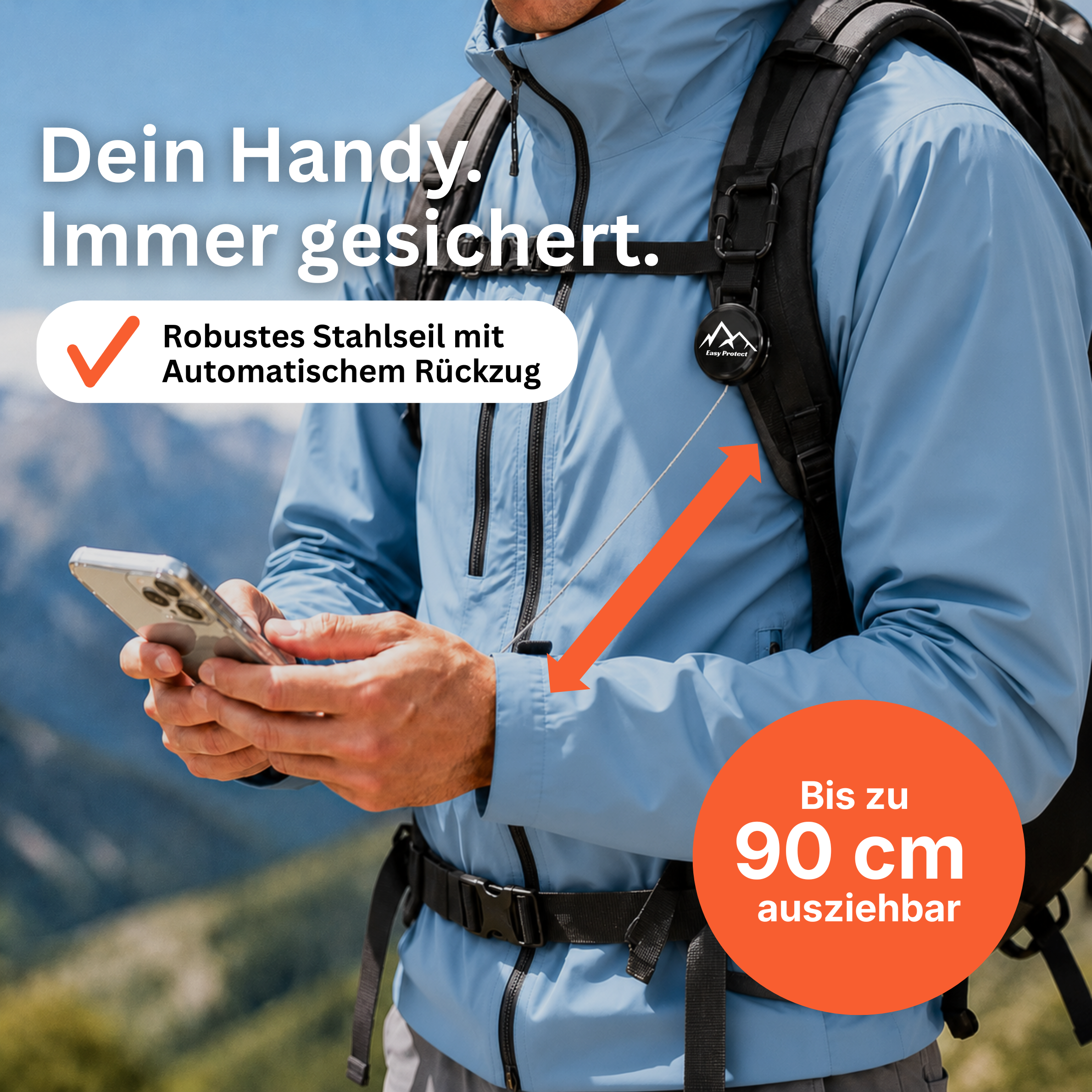 Easy Protect V3 Handysicherung am Rucksack eines Wanderers mit robustem, automatisch einziehbarem Stahlseil bis 90 cm.