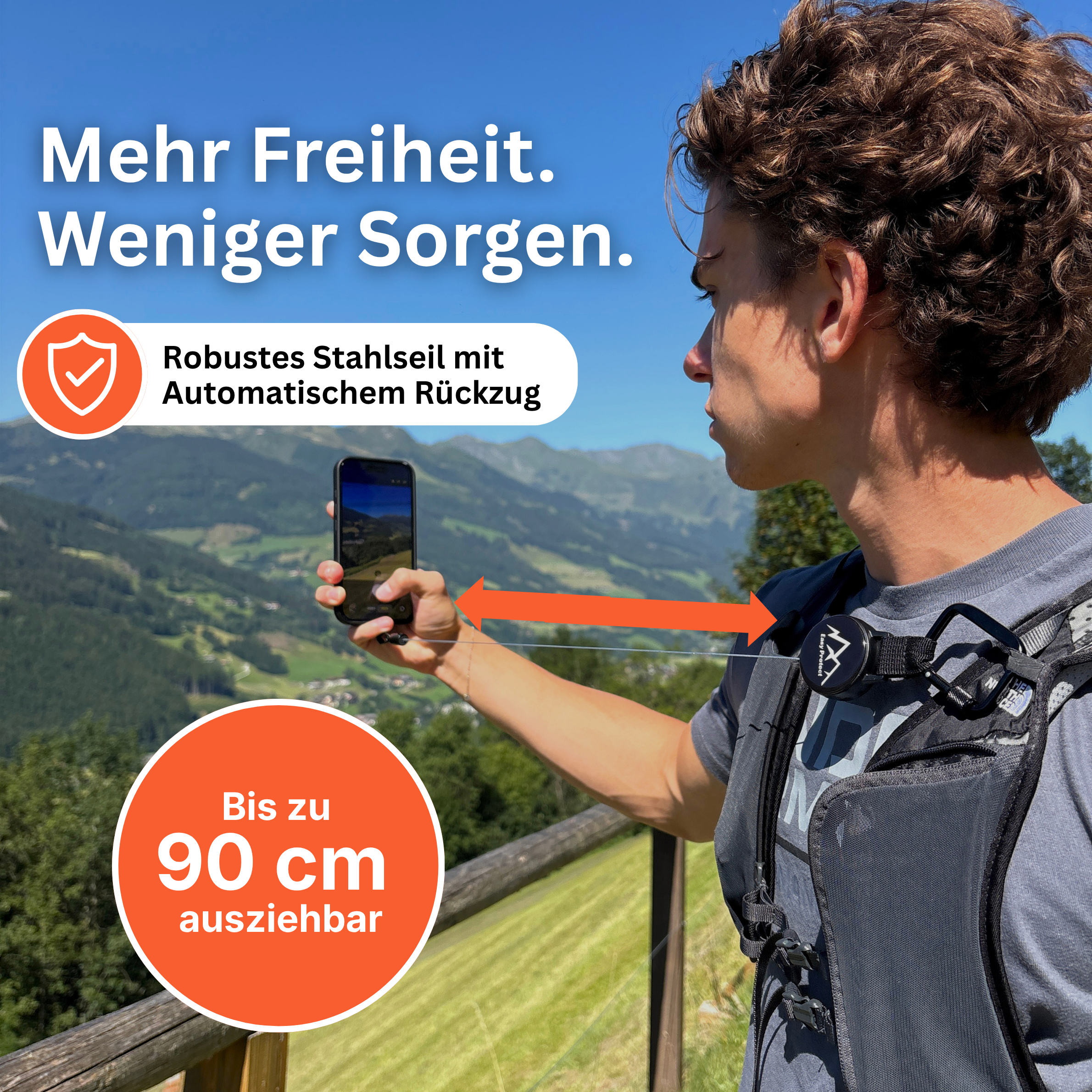 Easy Protect Handysicherung, bekannt aus Die Höhle der Löwen unter dem damaligen Namen Peak Protect, mit bis zu 90 cm ausziehbarem Stahlseil beim Wandern.