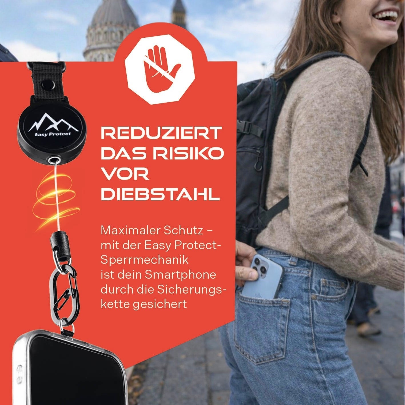 Infografik: Smartphone-Sicherungsprodukt neben Person mit Rucksack; Text „REDUZIERT DAS RISIKO VOR DIEBSTAHL“ und Beschreibung zur Sicherungskette.