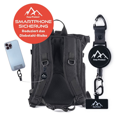Produktübersicht: Rucksack und Smartphone mit befestigtem Sicherungsseil; daneben vergrößerte Produktansicht; Text „SMARTPHONE SICHERUNG – Reduziert das Diebstahl-Risiko“.