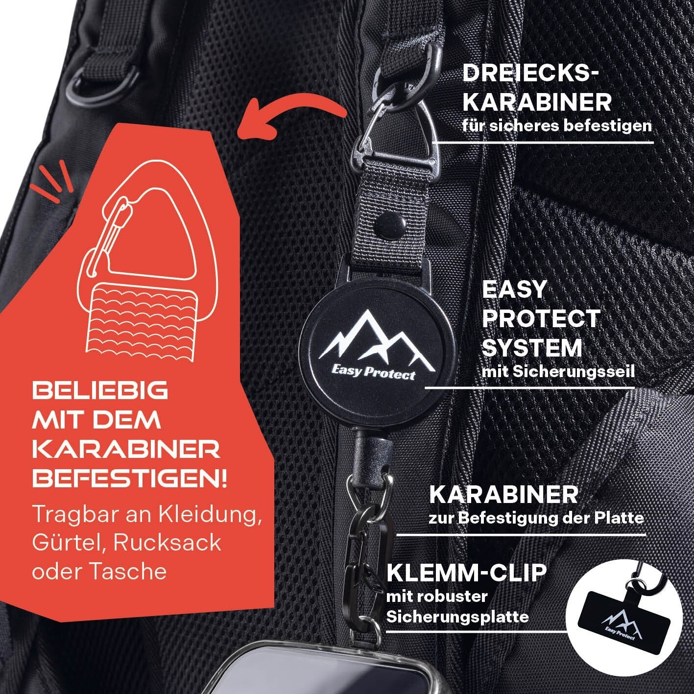 Infografik: Smartphone-Sicherungsprodukt an einem Rucksack befestigt; Beschriftungen zu „Dreiecks-Karabiner“, „Easy Protect System“, „Karabiner“, „Klemm-Clip“ sowie Text „Beliebig mit dem Karabiner befestigen“.