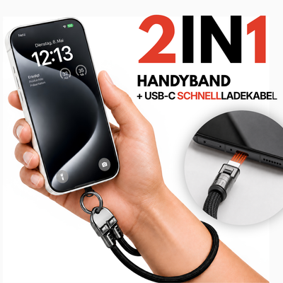 Easy Charge 2 in 1 Handgelenkschlaufe von Easy Protect mit integriertem USB C Schnellladekabel, befestigt an einem Smartphone und getragen am Handgelenk.