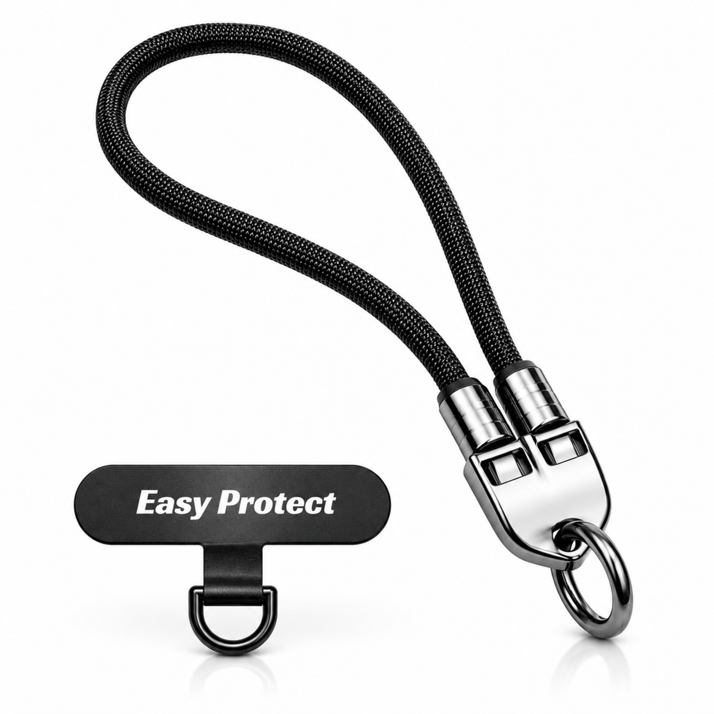 Easy Charge Handgelenkschlaufe von Easy Protect mit robuster schwarzer Schlaufe, Metallverschluss und Befestigungsplatte für Smartphones.