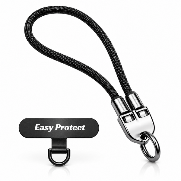 Easy Charge Handgelenkschlaufe von Easy Protect mit robuster schwarzer Schlaufe, Metallverschluss und Befestigungsplatte für Smartphones.