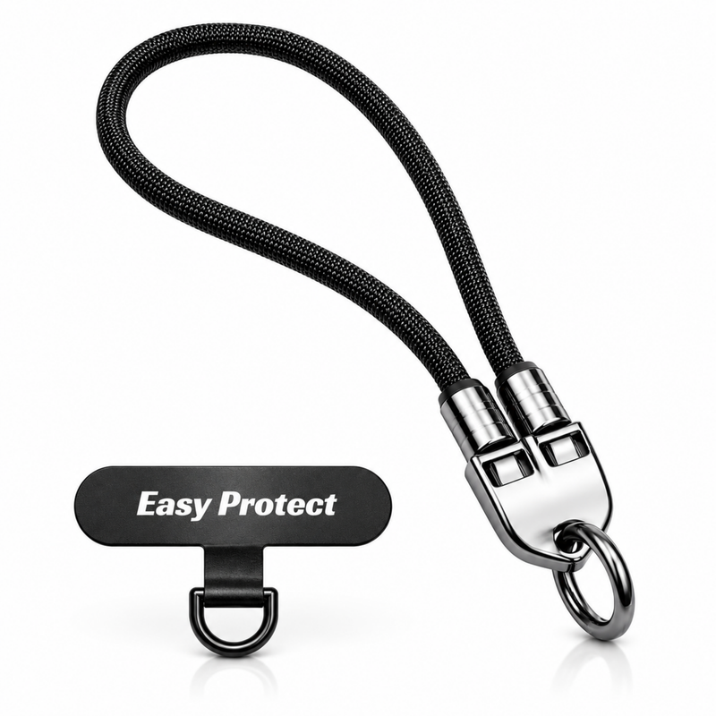 Easy Charge Handgelenkschlaufe von Easy Protect mit robuster schwarzer Schlaufe, Metallverschluss und Befestigungsplatte für Smartphones.