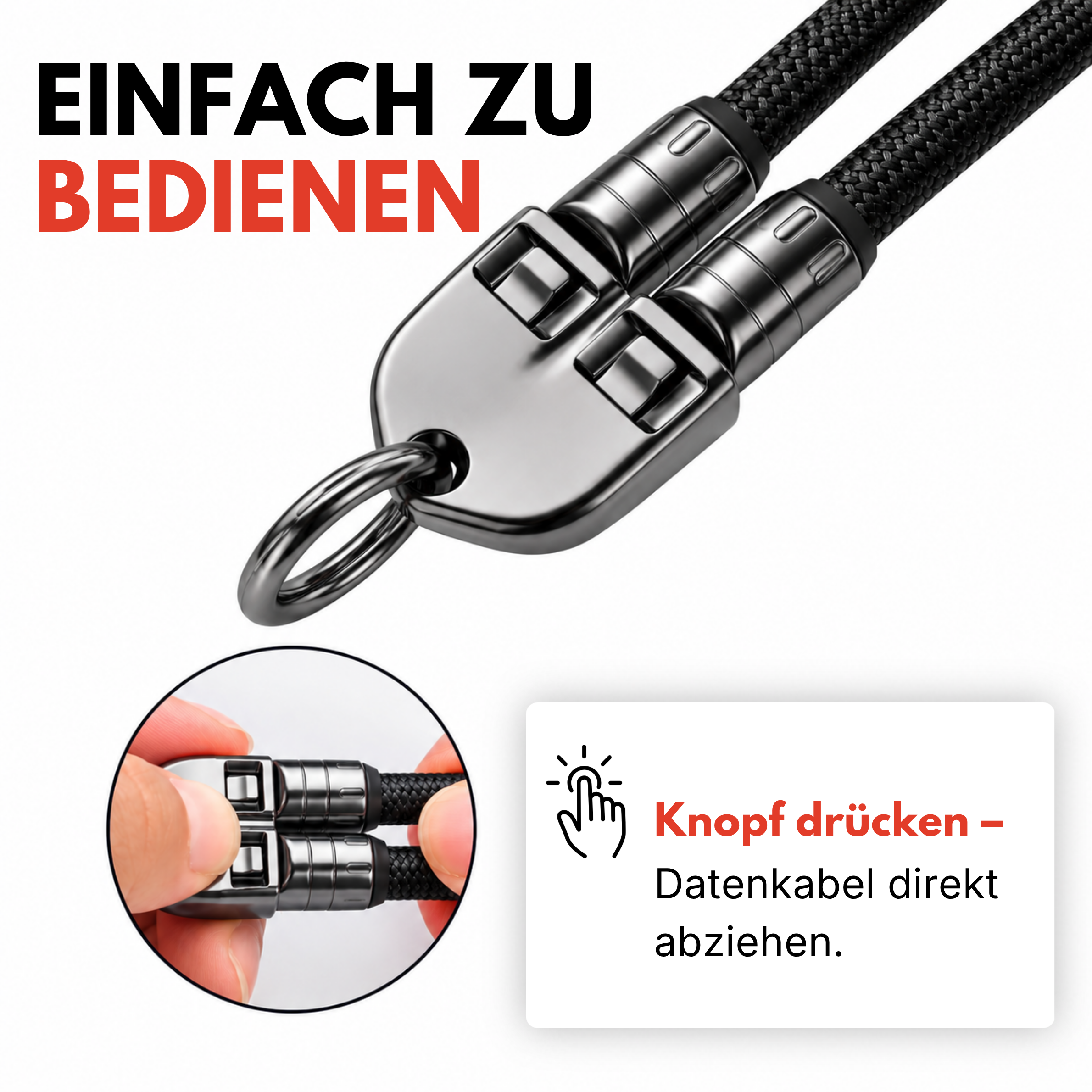 Easy Charge Handyband von Easy Protect mit Schnellverschluss und integriertem USB C Ladekabel. Nahaufnahme des Entriegelungsmechanismus zum einfachen Abnehmen des Ladekabels per Knopfdruck.