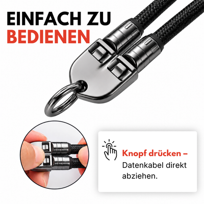 Easy Charge Handyband von Easy Protect mit Schnellverschluss und integriertem USB C Ladekabel. Nahaufnahme des Entriegelungsmechanismus zum einfachen Abnehmen des Ladekabels per Knopfdruck.