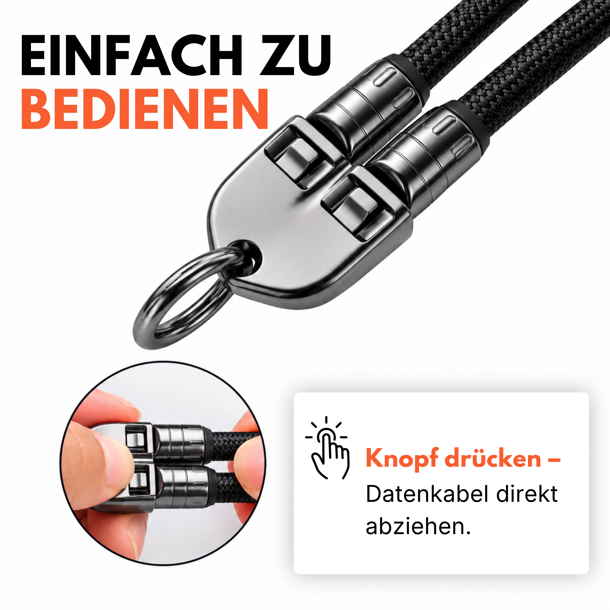 Easy Charge Handyband von Easy Protect mit Schnellverschluss und integriertem USB C Ladekabel. Nahaufnahme des Entriegelungsmechanismus zum einfachen Abnehmen des Ladekabels per Knopfdruck.