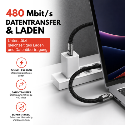 Easy Charge USB C Schnellladekabel von Easy Protect, verbunden mit einem Laptop und Netzteil, unterstützt schnelles Laden sowie Datenübertragung mit bis zu 480 Mbit/s.