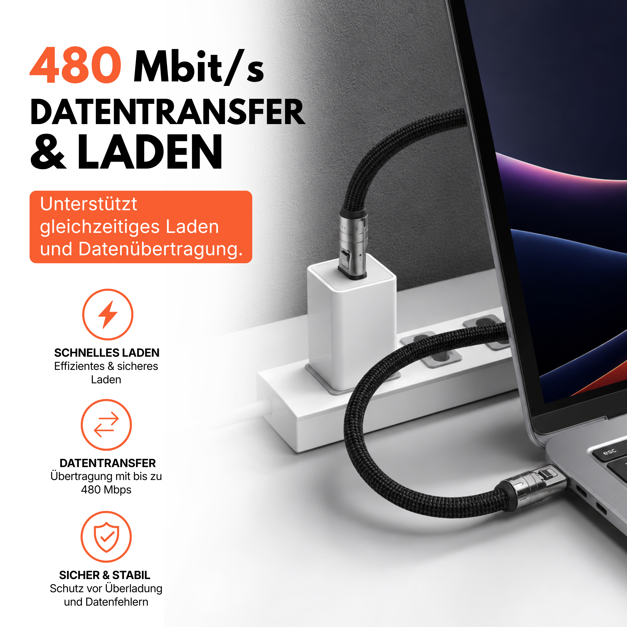 Easy Charge USB C Schnellladekabel von Easy Protect, verbunden mit einem Laptop und Netzteil, unterstützt schnelles Laden sowie Datenübertragung mit bis zu 480 Mbit/s.