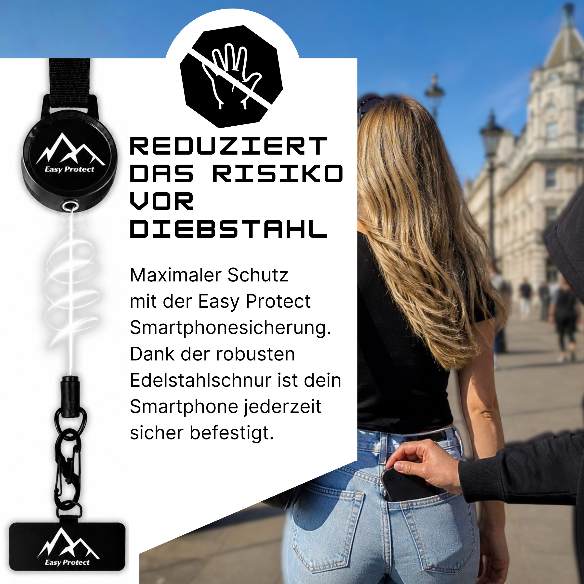 Easy Protect Handysicherung mit Diebstahlschutz und Sicherheitsleine schützt Smartphones unterwegs vor Verlust und Taschendiebstahl