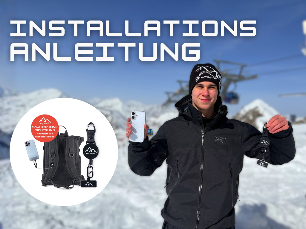 Dieses Startbild zeigt das Easy Protect Smartphone Sicherungssystem während der Installation. Easy Protect wurde entwickelt, um dein Smartphone bei Outdoor Aktivitäten wie Wandern, Radfahren, Skifahren oder Klettern sicher zu befestigen.

Dank des ausziehbaren Sicherheitsseils und der einfachen Befestigung schützt Easy Protect dein Smartphone zuverlässig vor Stürzen oder Verlust.