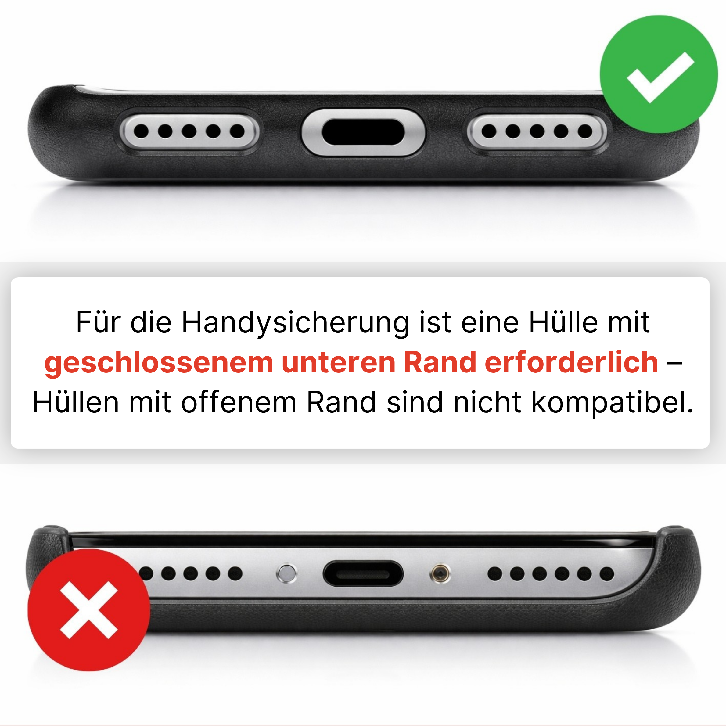 Kompatibilitätsübersicht für Easy Protect Smartphone Sicherung. Die Grafik zeigt, dass für die Handysicherung eine Handyhülle mit geschlossenem unteren Rand erforderlich ist. Hüllen mit offenem unteren Rand sind nicht kompatibel.