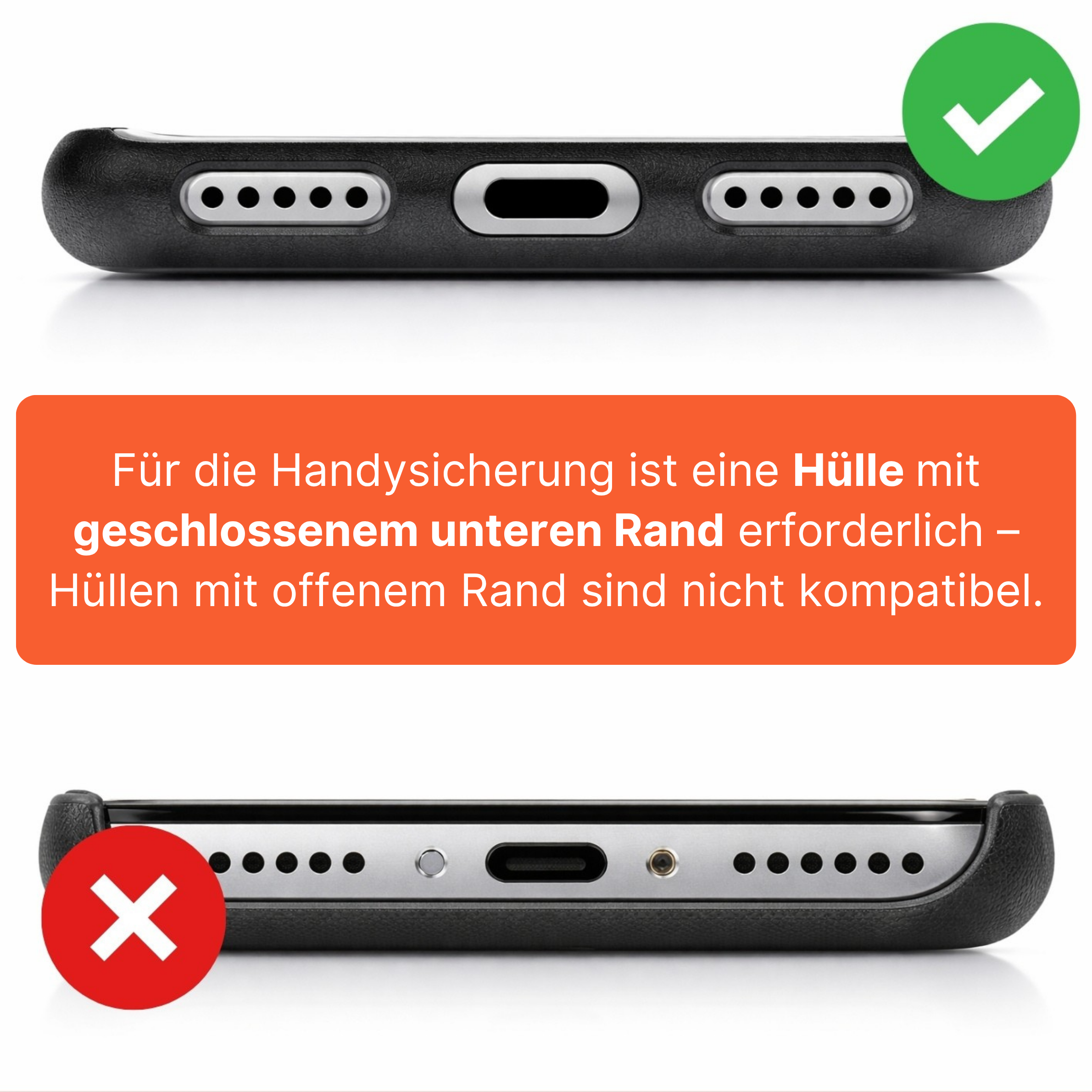 Kompatibilitätsübersicht für Easy Protect Smartphone Sicherung. Die Grafik zeigt, dass für die Handysicherung eine Handyhülle mit geschlossenem unteren Rand erforderlich ist. Hüllen mit offenem unteren Rand sind nicht kompatibel.