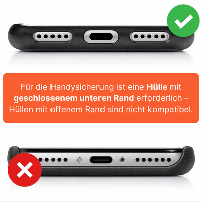 Kompatibilitätsübersicht für Easy Protect Smartphone Sicherung. Die Grafik zeigt, dass für die Handysicherung eine Handyhülle mit geschlossenem unteren Rand erforderlich ist. Hüllen mit offenem unteren Rand sind nicht kompatibel.