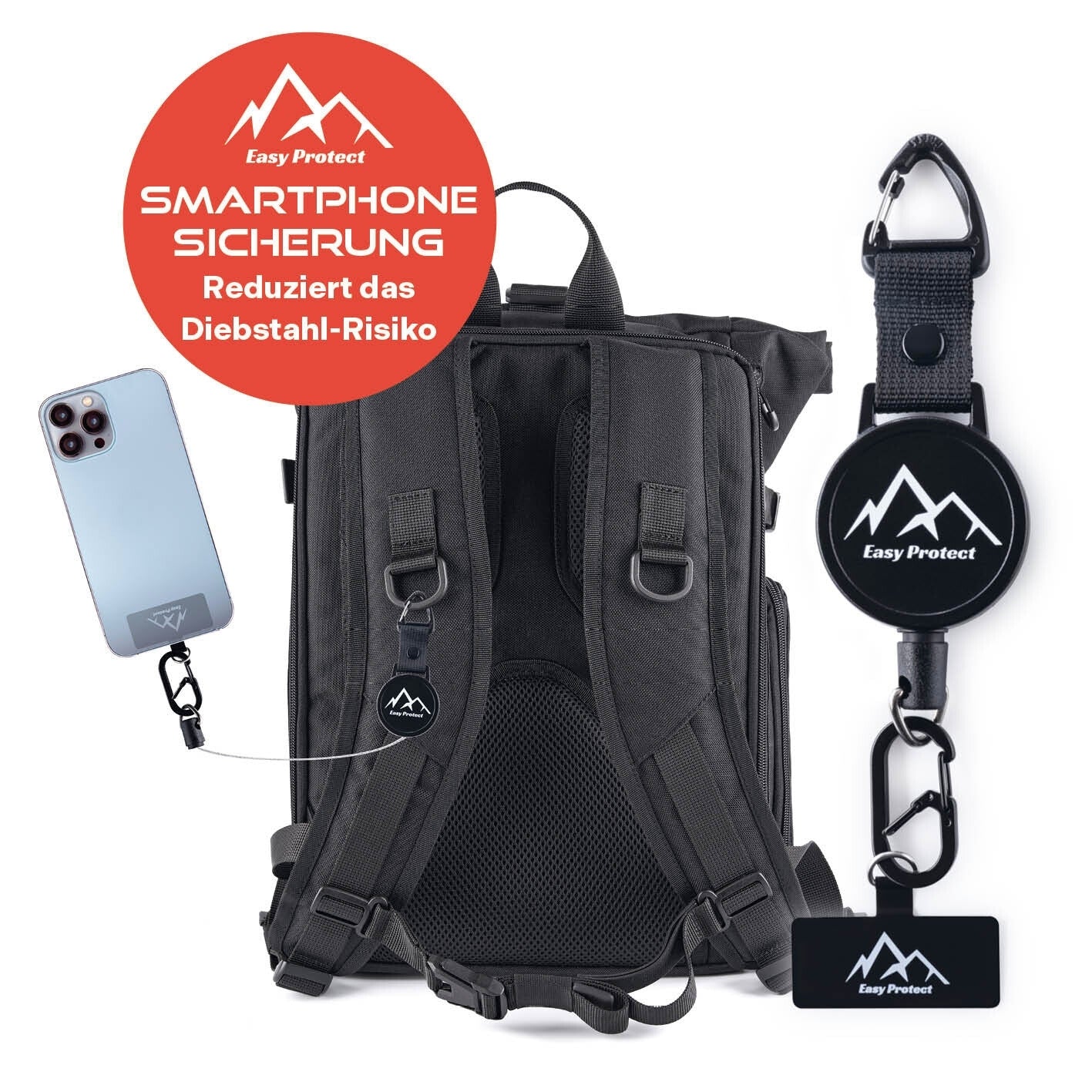Produktübersicht: Rucksack und Smartphone mit befestigtem Sicherungsseil; daneben vergrößerte Produktansicht; Text „SMARTPHONE SICHERUNG – Reduziert das Diebstahl-Risiko“.