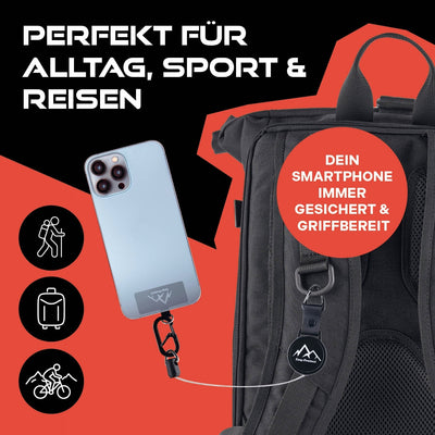 Werbegrafik: Smartphone an Sicherungsseil am Rucksack; Text „PERFEKT FÜR ALLTAG, SPORT & REISEN“ und „Dein Smartphone immer gesichert & griffbereit“ plus Aktivitäts-Icons.