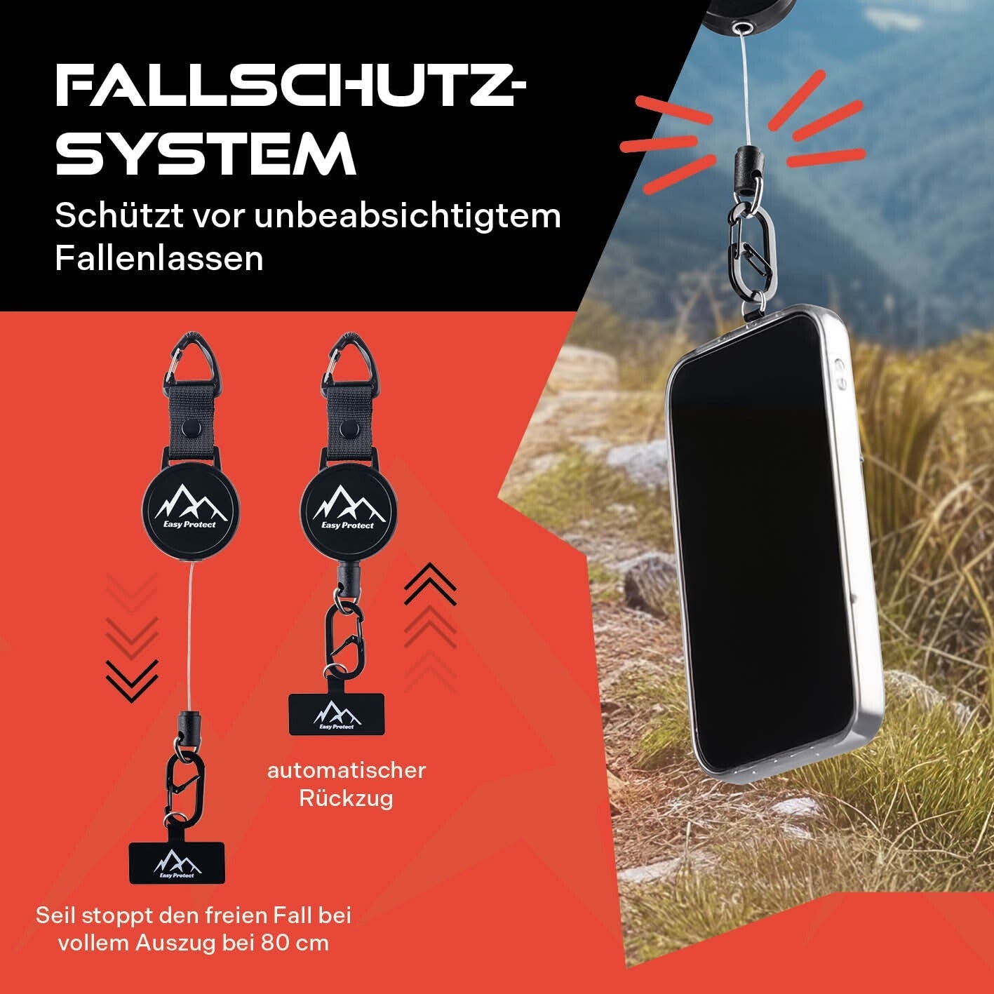 Werbegrafik: Smartphone hängt am Sicherungsseil; Text „FALLSCHUTZ-SYSTEM“ und Hinweis „automatischer Rückzug“, „Seil stoppt … bei 80 cm“.