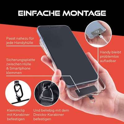 Infografik „EINFACHE MONTAGE“: Smartphone mit Hülle und eingeklemmter Sicherungsplatte; Hinweise „Passt nahezu für jede Handyhülle“, „Sicherungsplatte zwischen Hülle & Smartphone klemmen“, „Handy bleibt problemlos aufladbar“; unten Detailbilder von Klemmclip/Karabiner und Dreiecks-Karabiner.
