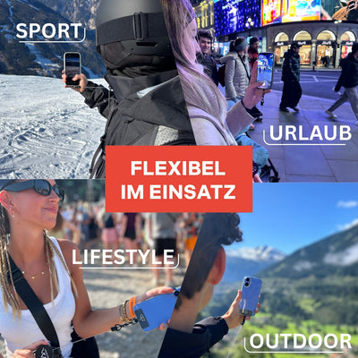Collage mit vier Szenen (Schnee/Sport, Stadt/Urlaub, Event/Lifestyle, Berge/Outdoor) und Text „FLEXIBEL IM EINSATZ“.