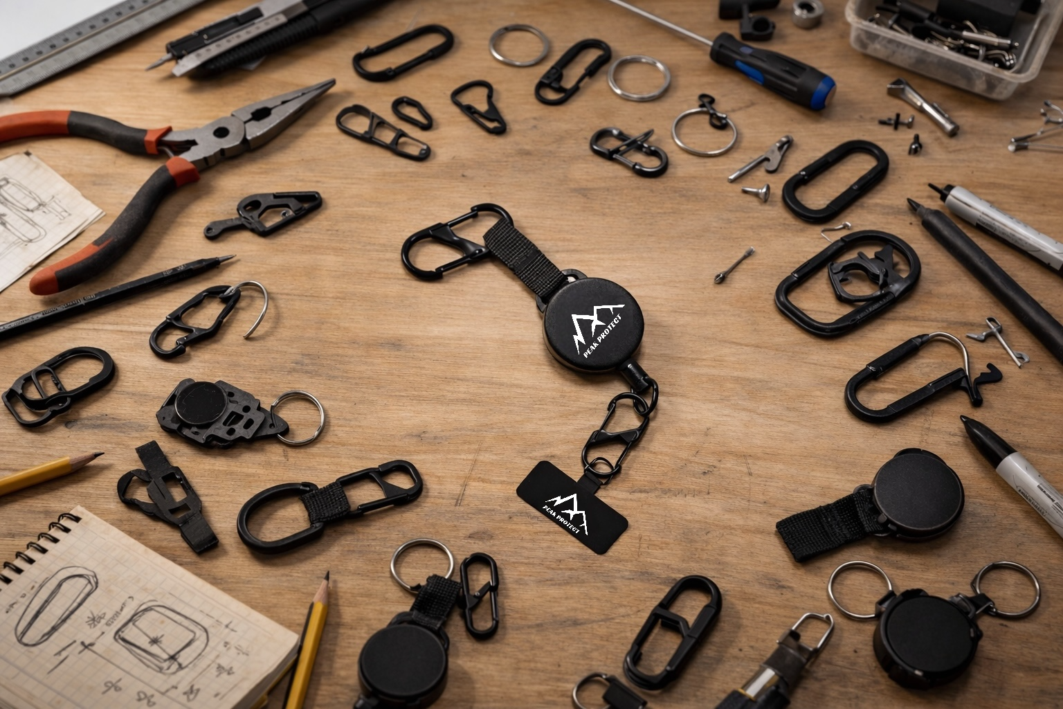 Verschiedene Bauteile und Prototypen der Easy Protect Smartphone Sicherung während der Produktentwicklung auf einem Arbeitstisch.