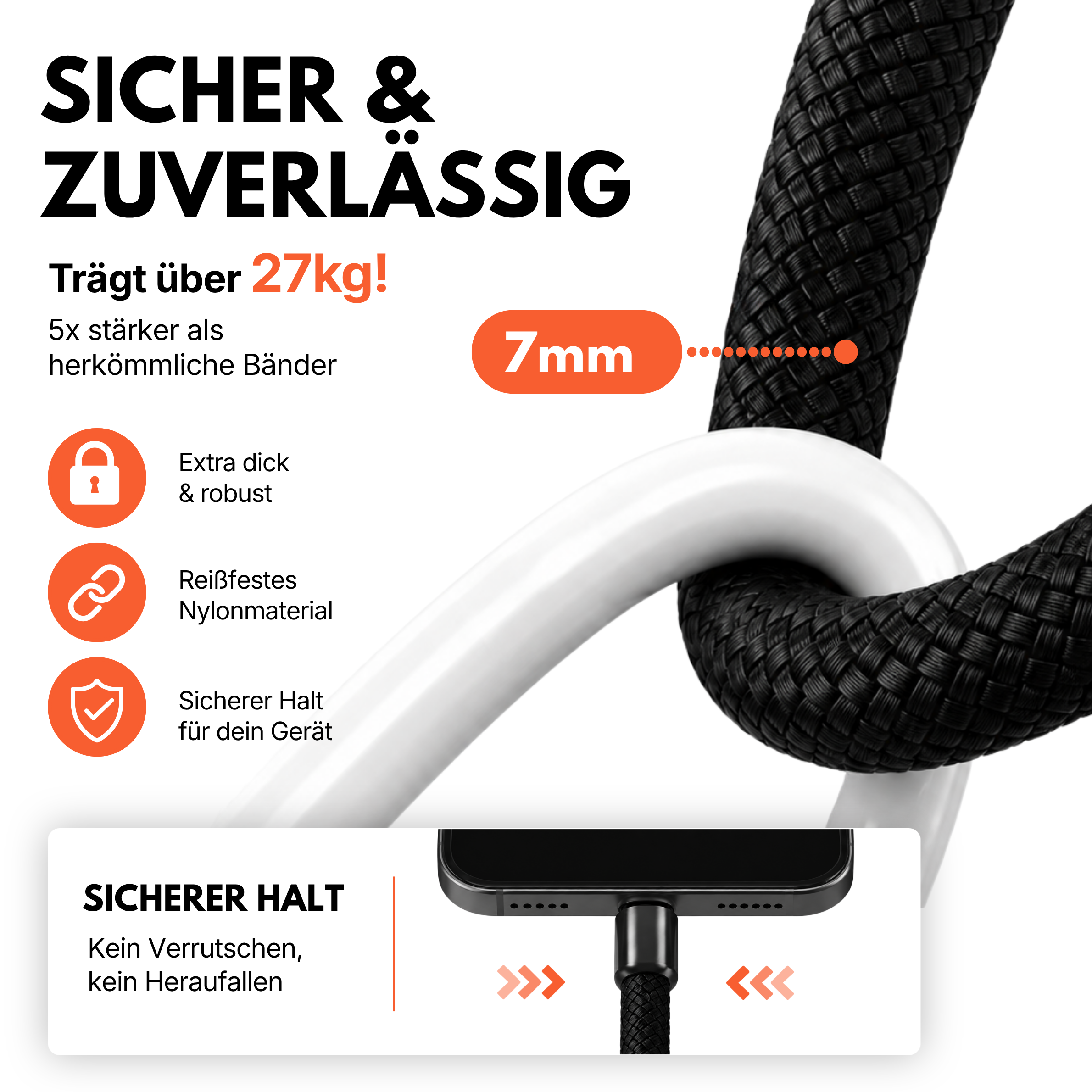 Nahaufnahme der Easy Charge 2 in 1 Handgelenkschlaufe von Easy Protect mit extra dickem 7 mm Nylonband, hoher Belastbarkeit und sicherer Befestigung für Smartphones.