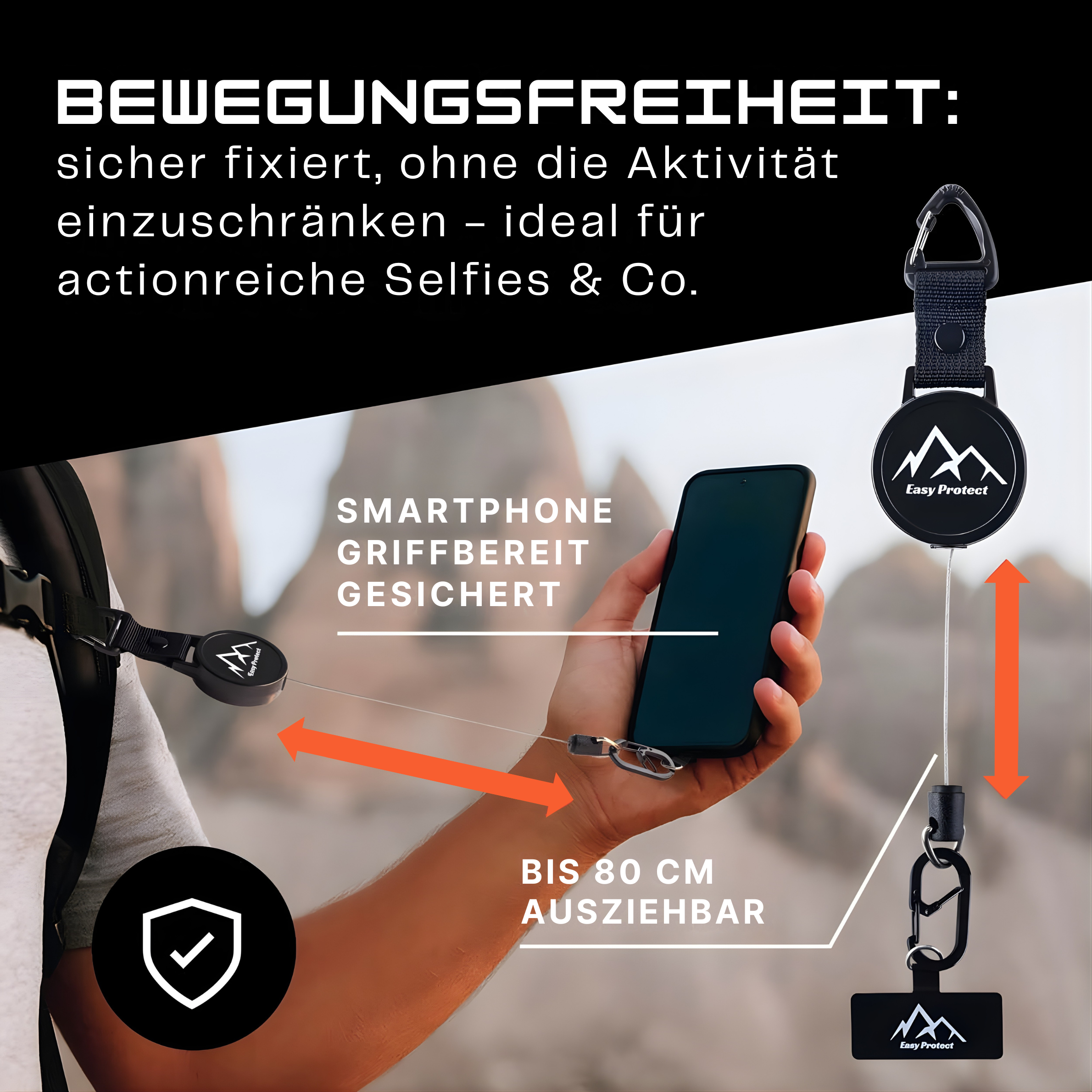 Easy Protect Smartphone Sicherung bekannt aus Die Höhle der Löwen ehemals Peak Protect mit 80 cm ausziehbarem Fallschutz für Outdoor Aktivitäten