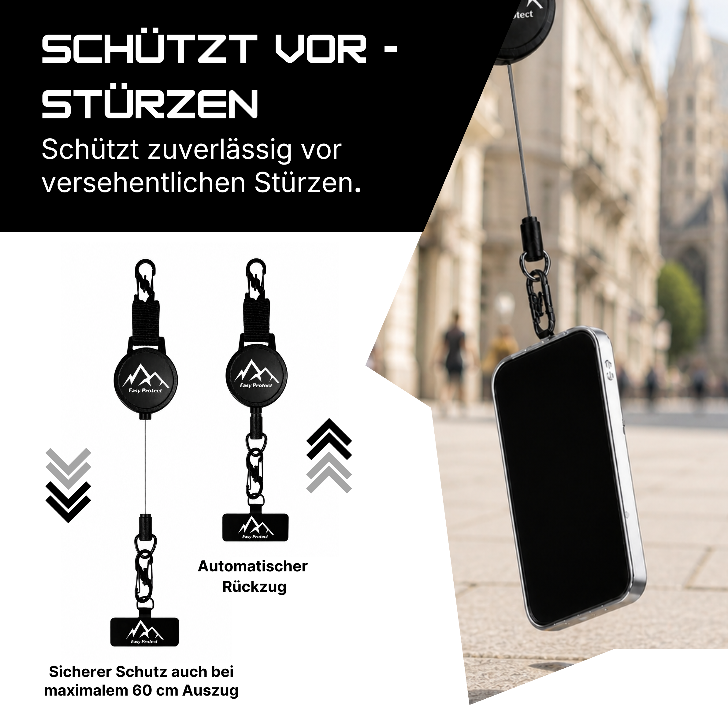 Easy Protect Fallschutz System mit ausziehbarer Handysicherung schützt Smartphones vor Stürzen und stoppt freien Fall bei voller Ausziehung