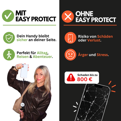 Vergleich mit und ohne Easy Protect: Eine Frau hält ihr gesichertes Smartphone, daneben zeigt ein beschädigtes Handy das Risiko von Sturz, Schaden und Verlust.