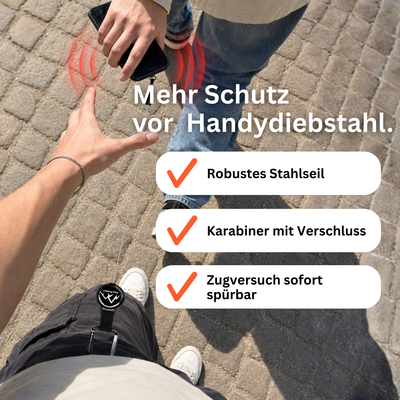 Easy Protect V3 Handysicherung erschwert Handydiebstahl mit robustem Stahlseil und verschließbarem Karabiner.
