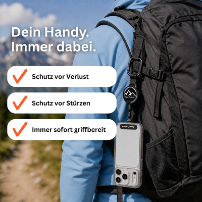 Easy Protect V3 Handysicherung am Wanderrucksack schützt das Smartphone vor Verlust und Stürzen und hält es griffbereit.