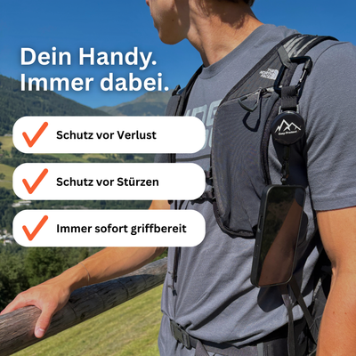 Easy Protect V3 Handysicherung am Wanderrucksack schützt das Smartphone vor Verlust und Stürzen und hält es griffbereit.