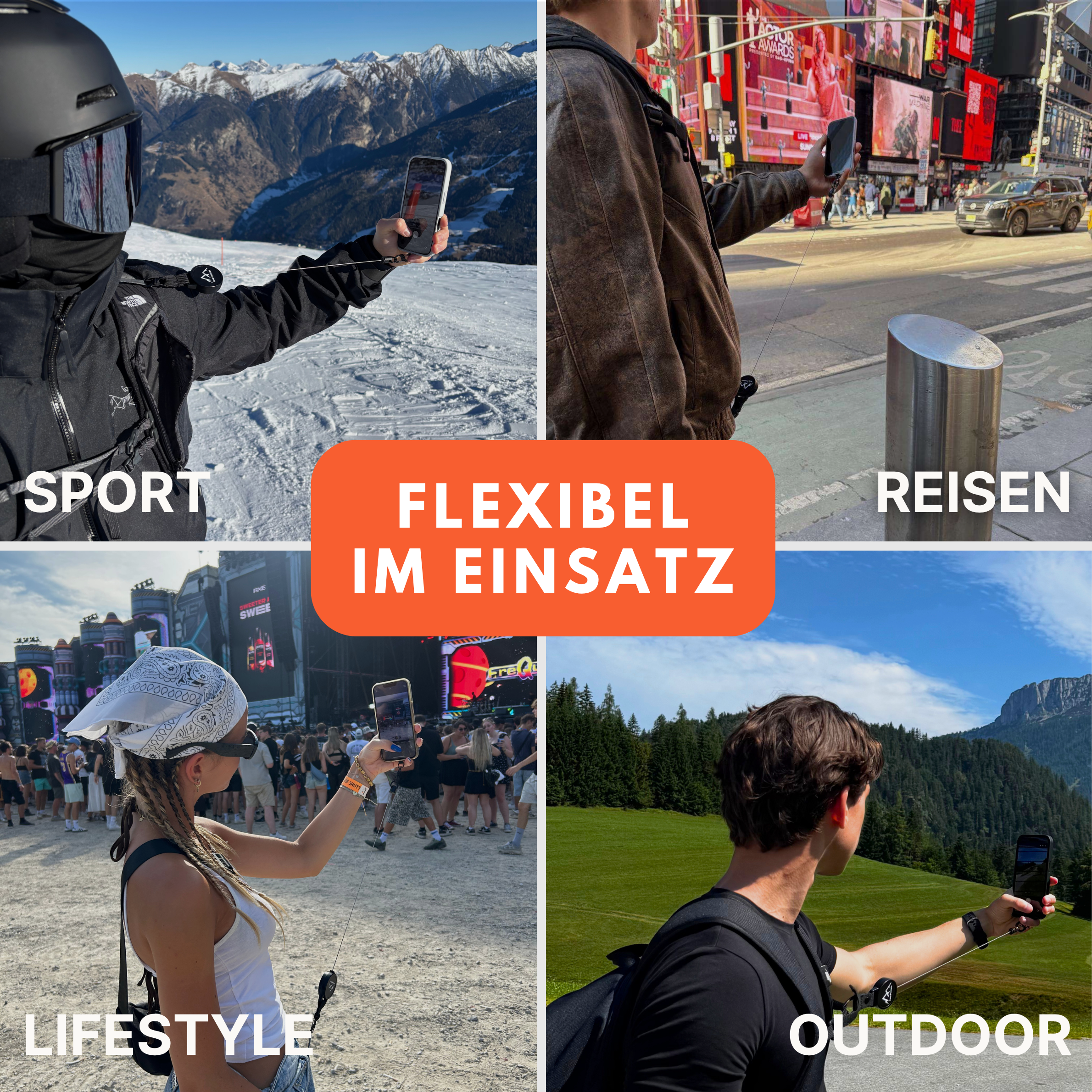 Easy Protect V3 Handysicherung im Einsatz bei Sport, Reisen, Festivals und Outdoor-Aktivitäten.
