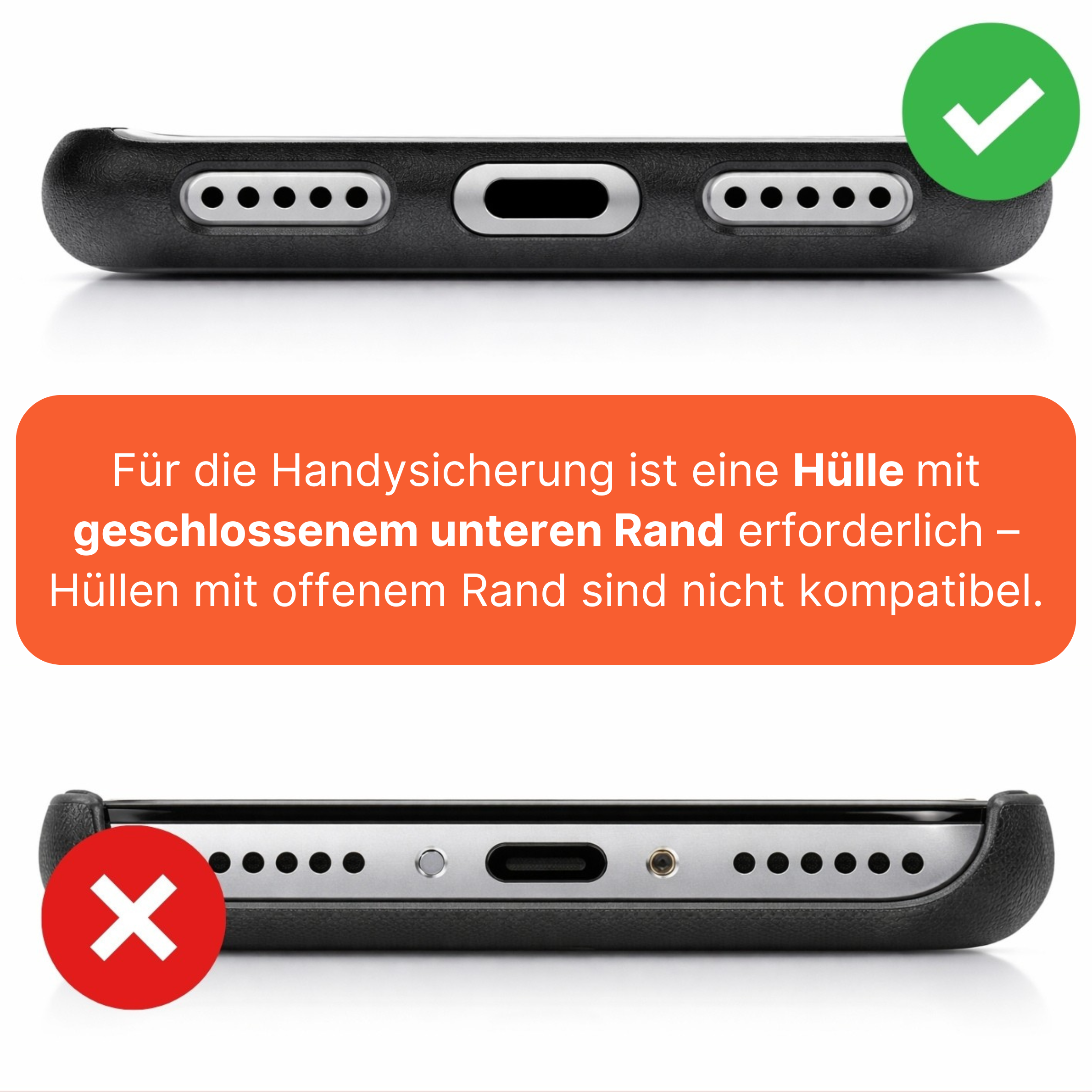 Easy Protect V3 benötigt eine Handyhülle mit geschlossenem unteren Rand und ist nicht mit Hüllen mit offenem Rand kompatibel.