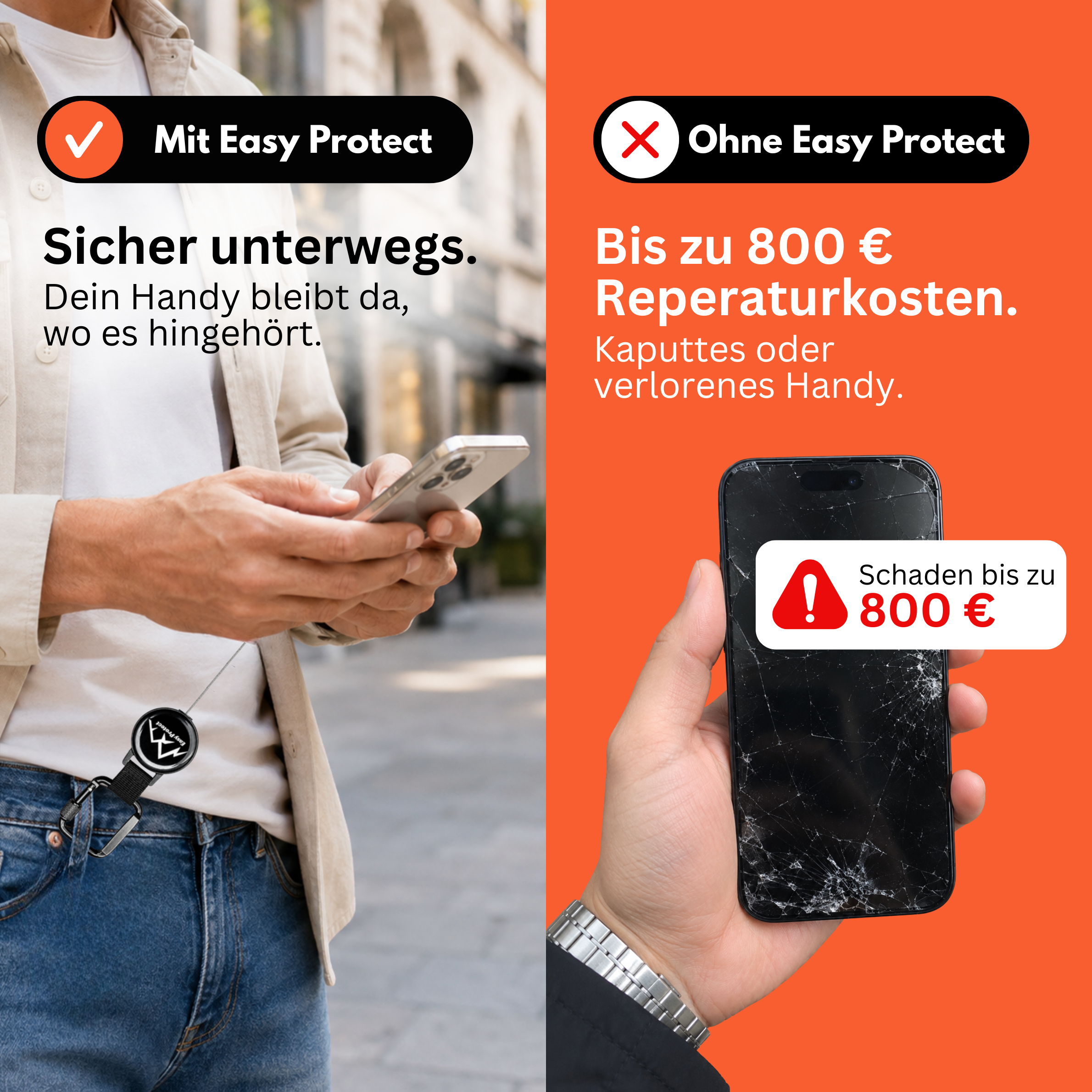 Vergleich mit Easy Protect V3 Handysicherung und einem verlorenen oder beschädigten Smartphone mit bis zu 800 Euro Schaden.