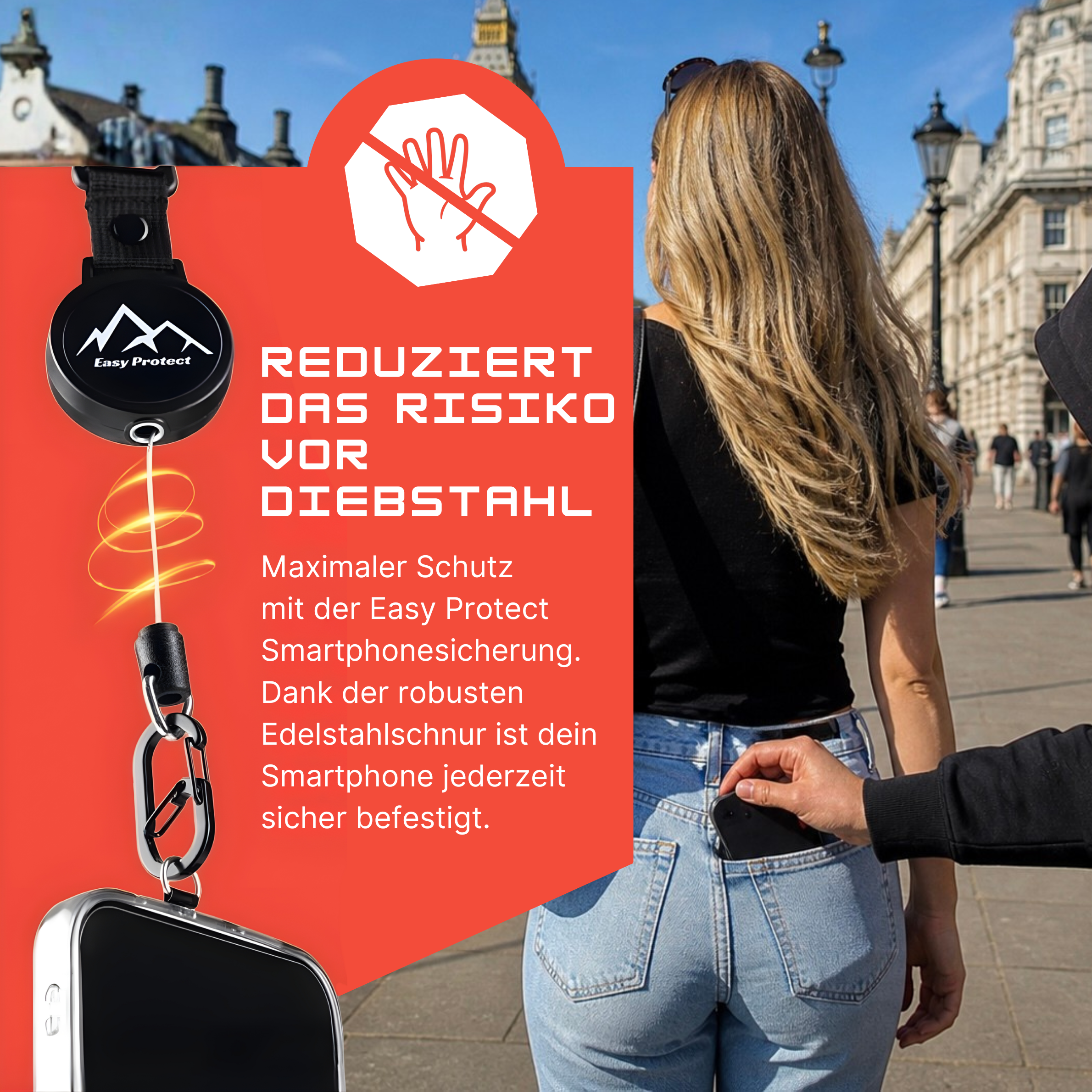 Peak Protect jetzt Easy Protect Smartphone Sicherung bekannt aus Die Höhle der Löwen reduziert das Risiko vor Diebstahl mit robuster Edelstahl Sicherungsschnur für unterwegs und Reisen