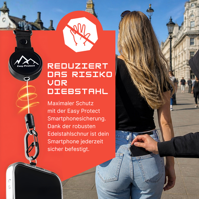 Peak Protect jetzt Easy Protect Smartphone Sicherung bekannt aus Die Höhle der Löwen reduziert das Risiko vor Diebstahl mit robuster Edelstahl Sicherungsschnur für unterwegs und Reisen
