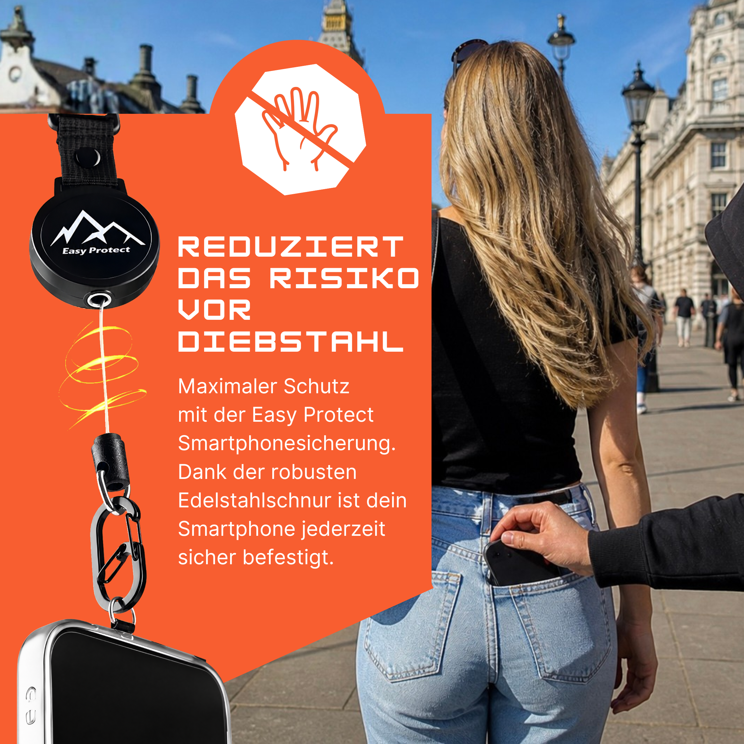 Peak Protect jetzt Easy Protect Smartphone Sicherung bekannt aus Die Höhle der Löwen reduziert das Risiko vor Diebstahl mit robuster Edelstahl Sicherungsschnur für unterwegs und Reisen
