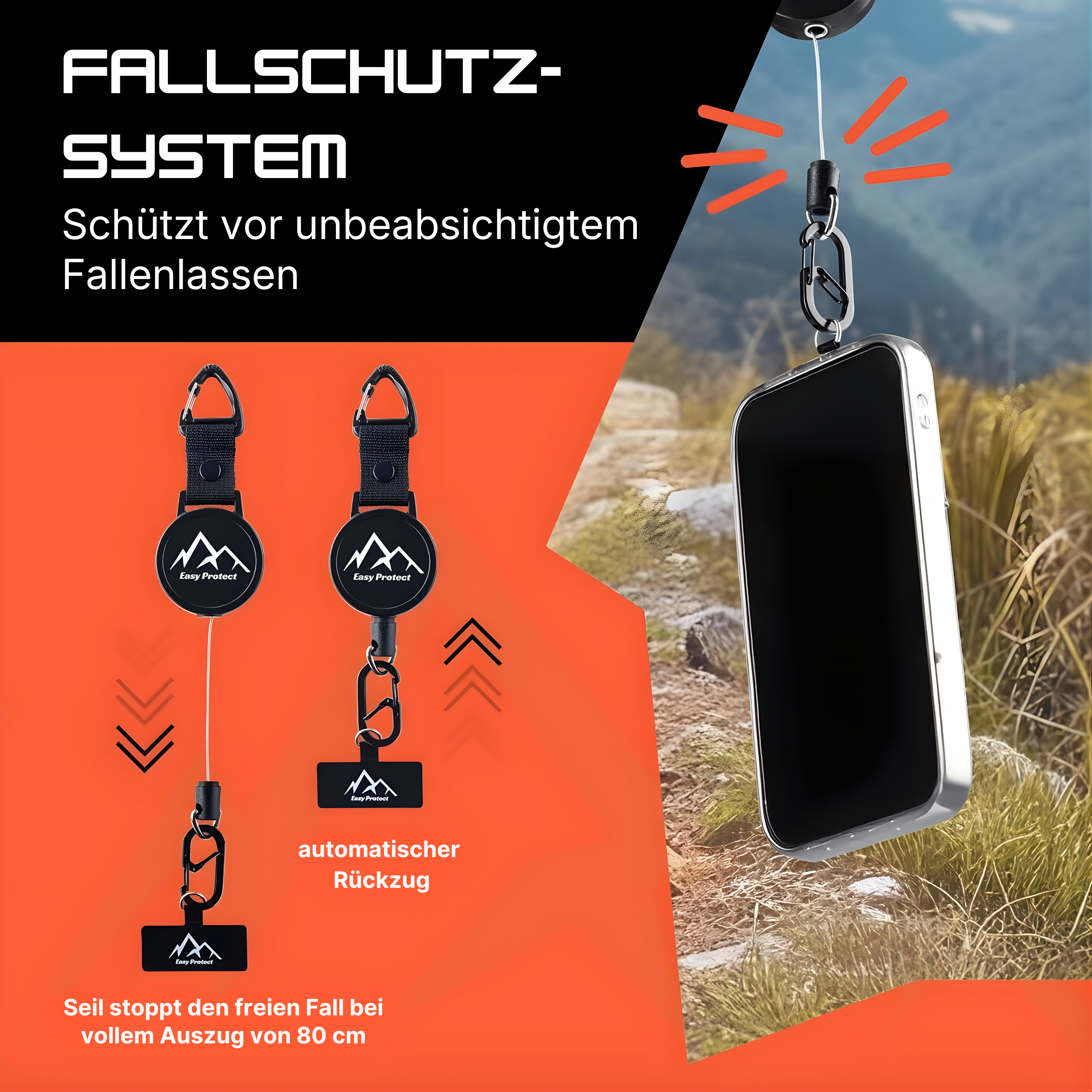 Peak Protect jetzt Easy Protect Smartphone Fallschutz System bekannt aus Die Höhle der Löwen mit ausziehbarem Sicherungsseil und automatischem Rückzug zum Schutz vor Herunterfallen des Handys