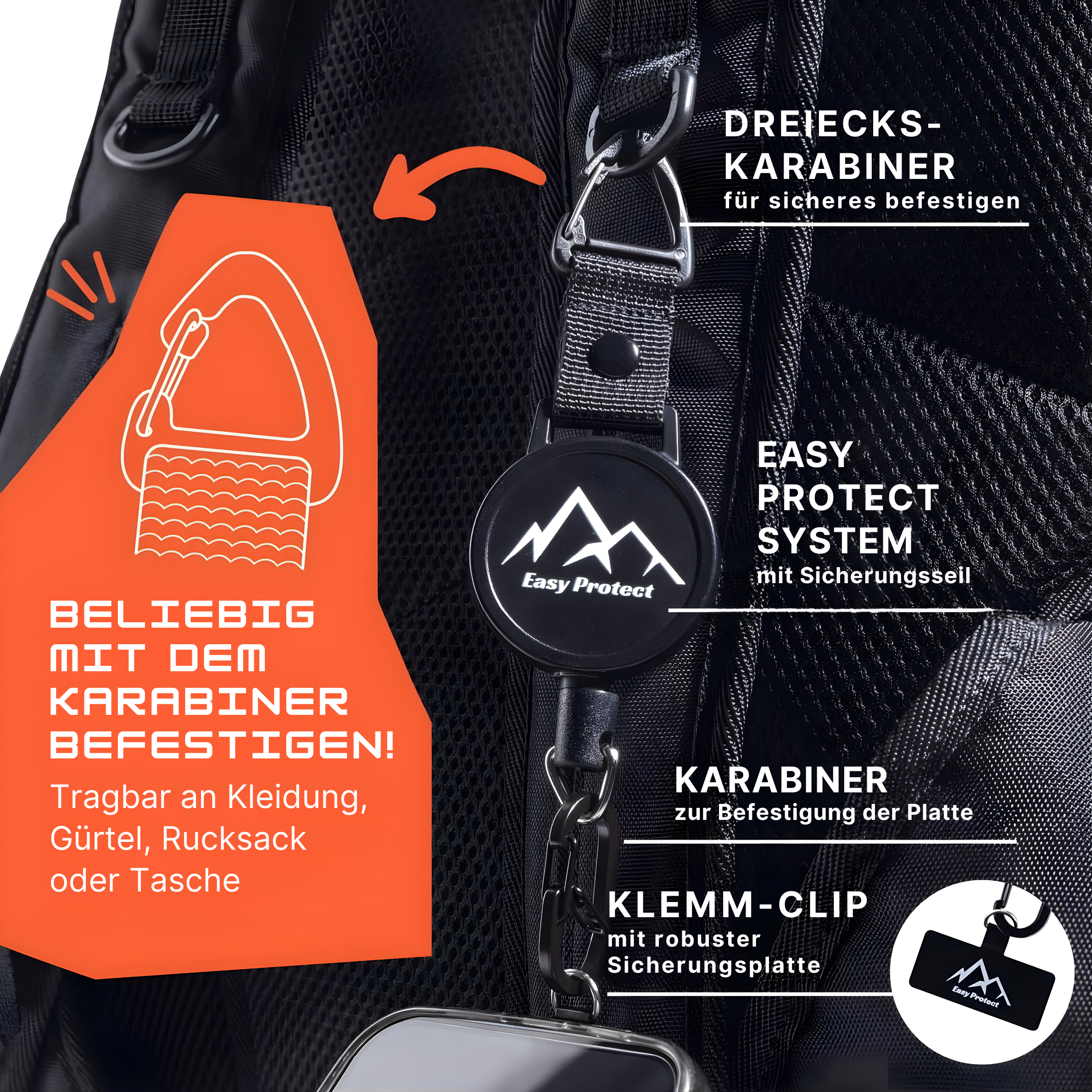 Peak Protect jetzt Easy Protect Smartphone Sicherung bekannt aus Die Höhle der Löwen mit Dreiecks Karabiner Sicherheitsseil und Befestigung für Kleidung Rucksack Gürtel oder Tasche