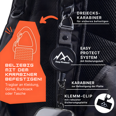 Peak Protect jetzt Easy Protect Smartphone Sicherung bekannt aus Die Höhle der Löwen mit Dreiecks Karabiner Sicherheitsseil und Befestigung für Kleidung Rucksack Gürtel oder Tasche
